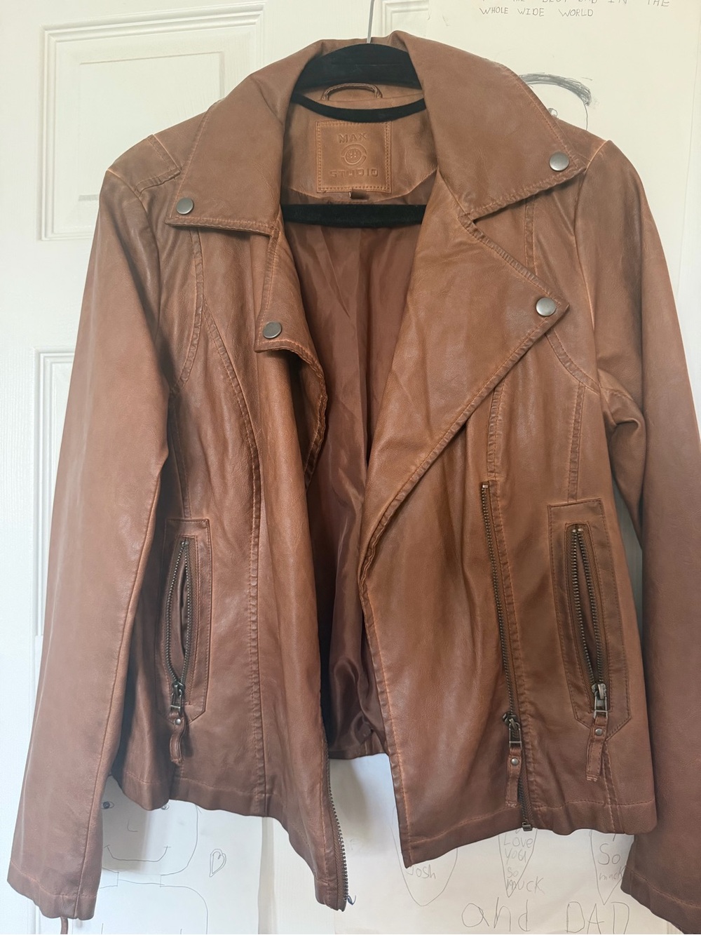 Max Studio Brown Leather Moto Jacket with Zip Pockets medium